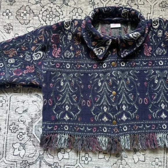 Handmade Upcycled Floral Blanket Jacket with Fringe - Picture 3 of 6